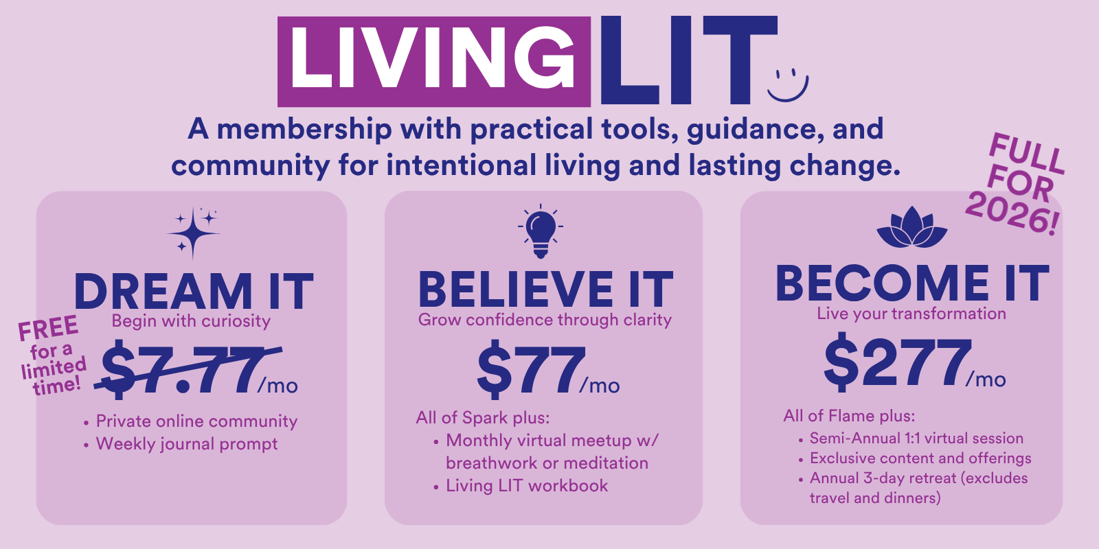 Living LIT membership options — Dream It, Believe It, Become It