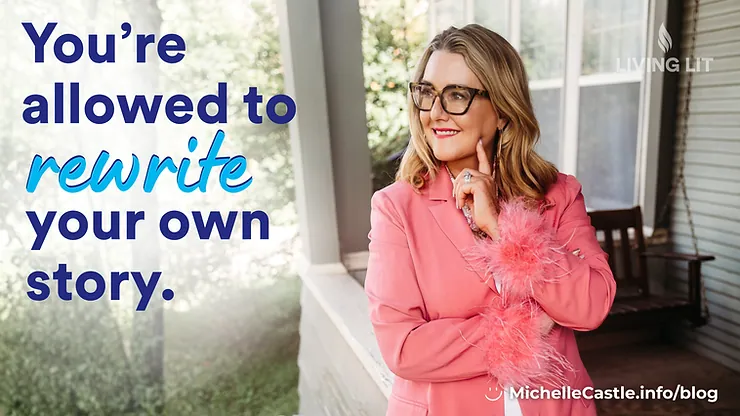 Michelle stands in a pink blazer on a porch beside text: You’re allowed to rewrite your own story.
